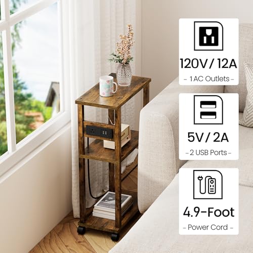 TUTOTAK Small Narrow Side Table with Charging Station, Skinny End Table for Small Spaces, Slim Nightstand with USB Ports and Outlet, Sofa Beside Table with Wheels, Rustic Brown TB01BB046C - color: Rustic Brown, size: 1 PC, style: With Plug