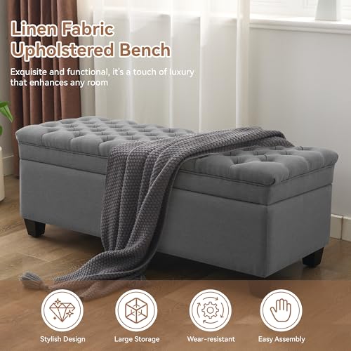 WUTUTUEE 51" Fabric Storage Ottoman Bench, Upholstered Rectangle End of Bed Storage Ottoman Tufted Living Room Bedroom Bench with Safety Hinge, Solid Wood Legs, Loads 500 lb(Dark Grey) - color: Dark Grey-fabric