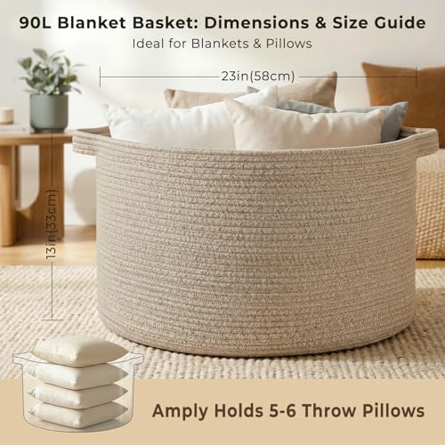 OIAHOMY 90L Blanket Basket for Living Room, Large Basket 23" x 23" x 13" with Handle, Laundry Hamper for Blankets, Pillows, Toy Storage for Kids, Dogs - Brown - color: Brown, size: 23" x 23" x 13"