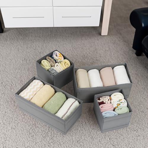 Washable Cloth Drawer Organizer, Set of 4 Foldable Sock Dresser Drawer Organizers Storage Boxes, Fabric Storage Boxes Closet Cabinet Organizer for Clothes (Gray, 2M+2S) - color: Gray, size: 2S+2M