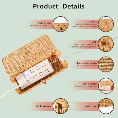 Cord hider box,Imitation rattan cable management organizer storage box with lid 2 open slots extension cord keeper charging basket cover under desk for hide wire cords and power strip-13"L*5.1"W