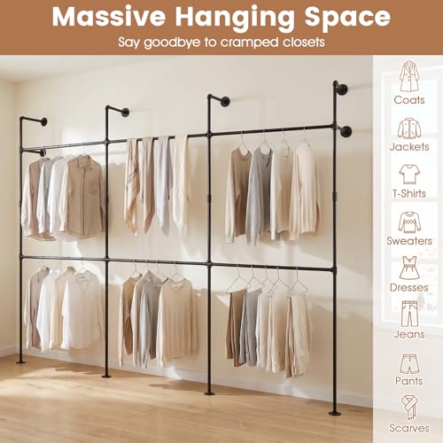 Giantex Industrial Pipe Clothing Rack, 118" Wall Mounted Heavy-Duty Metal Garment Organizer with 6 Hanging Rods, 2-Tier Walk-in Closet System for Wardrobe Closet, Retail Display - size: 118 Inches