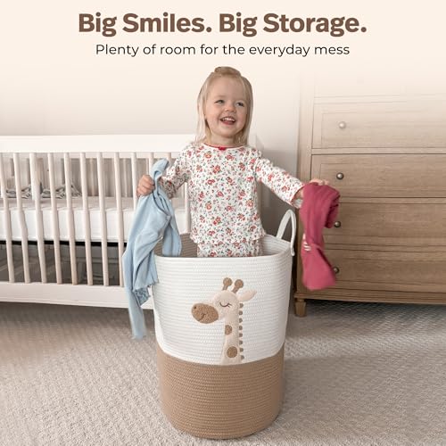 Baby Laundry Basket & Nursery Hamper – 20"x15" Large Giraffe Baby Hamper for Nursery Decor, Tall Woven Rope Dirty Clothes Laundry Hamper with Handles, Safari Animal Baby Room Storage Bin (White & Tan) - color: Giraffe