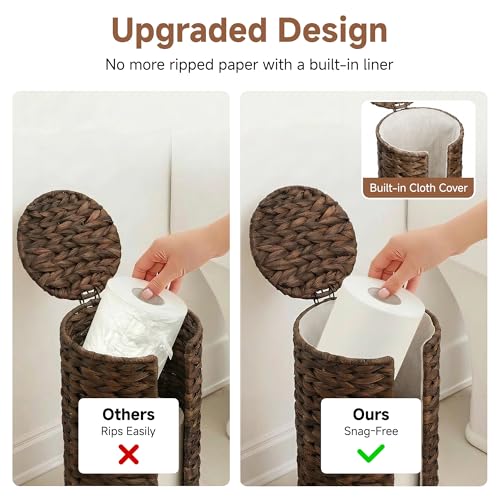 StorageWorks Free Standing Wicker Toilet Paper Holder Stand for Bathroom Storage, Decorative Water Hyacinth Toilet Paper Storage with Lid, 3 Rolls of Tissue Holder with a Built-in Cloth Lining, Brown - color: Brown（water Hyacinth）, size: 6¾"D(For 3 Roll)