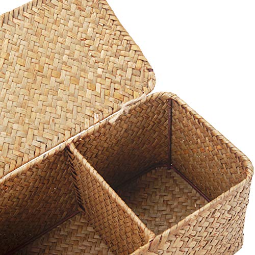 DECRAFTS Seagrass Storage Basket with Lid Rectangular Small Woven Shelf Baskets with Sections for Organize Snack Toys Tampon - color: Natural 3 Sections