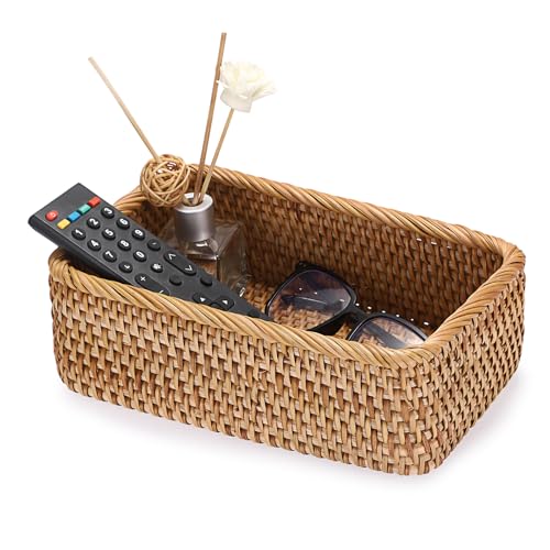 BTSKY Small Remote Basket for Coffee Table Entryway Living Room Rattan Serving Tray 9.6'' x 6.5'' Handwoven Wicker Baskets Decorative Tray for Wallet Remote Control Trinkets Rings Cosmetics Crackers - size: 9.6'' X 6.5'' X 3.1''
