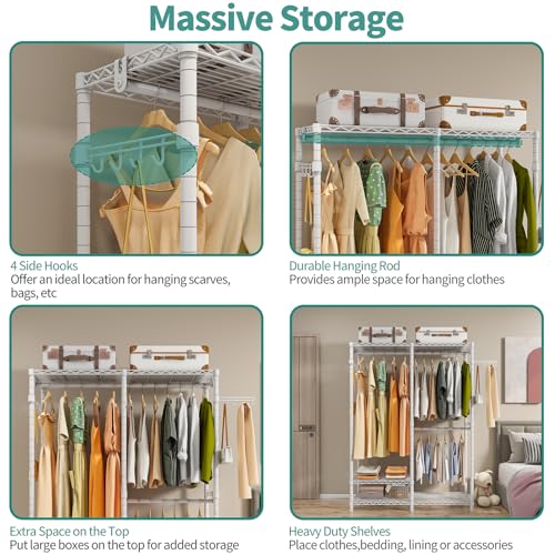 Heavy Duty Garment Rack, Metal Closet Organizers and Storage Clothing Racks 3 Tiers Adjustable Wire Shelving with 2 Hanger Rods and Side Hooks, 44.7" Lx16.5 Wx76.8 H, Max Load 800LBS, White - color: White, size: A1: 3 Tiers with 2 Rods,44.7"L x 16.5"W x 7