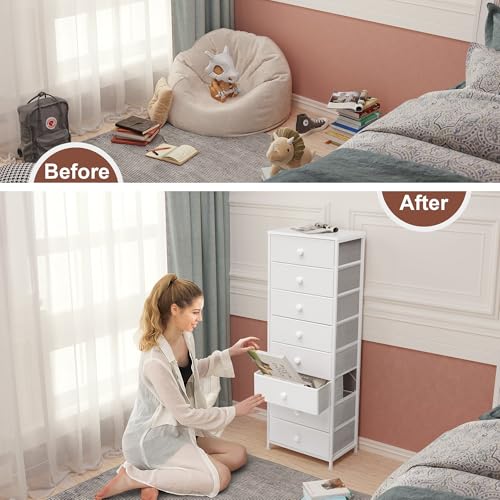 Crestlive Products Tall Dresser, 8-Drawer Fabirc Storage Tower, Chests of Drawers - Vertical Organizer Unit for Bedroom, Hallway, Entryway, Nursery, Closets - Steel Frame, Wood Top & Handles (White) - color: White, style: Narrow-8 Drawers