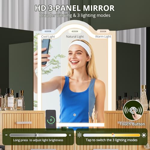 FURSUN Fluted Makeup Vanity Desk with HD 3 Way Mirror and Lights, 51" Large Corner Vanity Table with Charging Station, Dressing Table with 4 Drawers & 2 Storage Cabinets for Bedroom, Natural Oak - size: 20.0"D x 51.2"W x 56.3"H, style: Natural Oak
