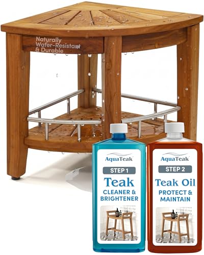 AquaTeak Patented 15.5" Kai Stainless Corner Teak Shower Bench - Shower Stool with Storage Shelf for Bathroom - Water Resistant Shower Chair with Teak Oil & Cleaner CareKit - Shaving Foot Rest - size: Stainless - Care Kit, style: Corner Stool With Shelf