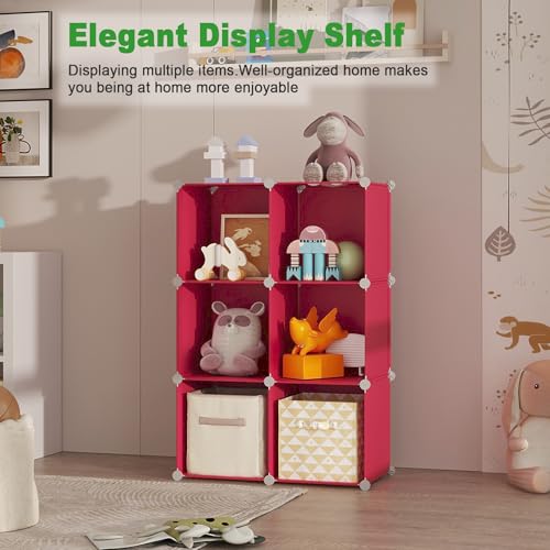 C&AHOME 6-Cube Storage Organizer, Stackable Storage Cubes Shelves, Portable Bookshelf, Plastic Clothing Storage Closet Organizer, DIY Modular Shelving Units for Wardrobe, Home, Red - color: Red