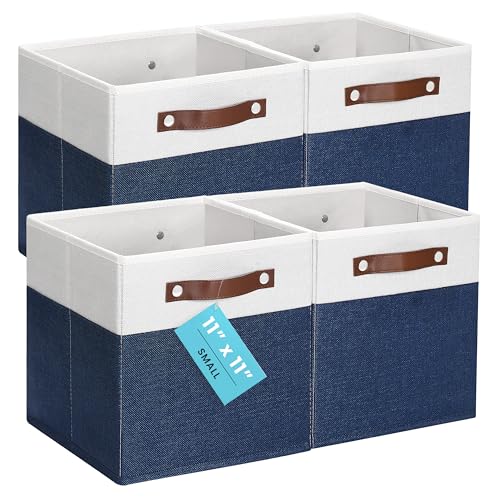 OrganiHaus 11" x 11" x 11" Fabric Cubes Storage Bins Set of 4, Foldable Collapsible Canvas Storage Bins for Organizer, Toy Organizer for Kallax, 11 Inch Linen Cube Shelf Baskets - Navy Blue - color: Navy Blue Base / Off-White, size: (11x11) Leather Handle