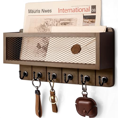 Rebee Vision Farmhouse Key Holder for Wall with Mail Storage Basket : Decorative Wall Mount Organizer with 6 Sturdy Wall Hooks and Wooden Key Rack - Rustic Home Decor (Retro Brown) - color: Brown