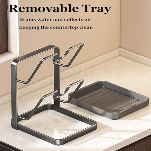 Kitchen Pot Lid Storage Rack, Carbon Steel Pot Lid Holder with Spoon Rest While Cooking, Multifunctional Countertop Organizer with Removable Drip Tray for Cutting Boards, Ladles