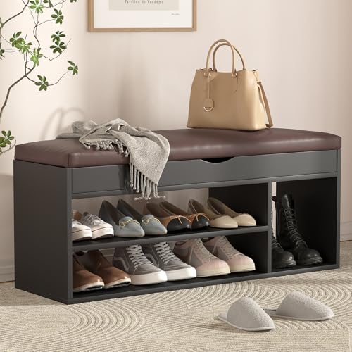 Apicizon 39 Inches Storage Bench with Padded Cushion, Shoe Bench with Storage Space, Upholstered Entryway Bench for Living Room, 2-Tier Shoe Rack Organizer, Black - color: Black, size: 39 Inch
