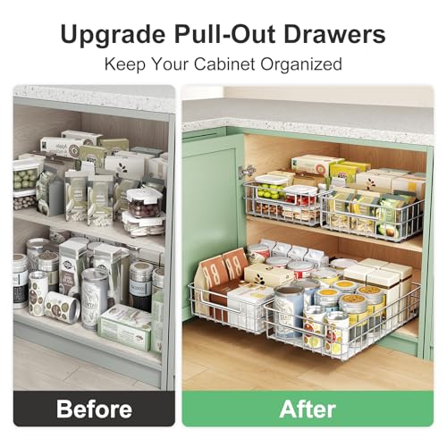 Pull out Cabinet Organizer, Stainless Steel 2-Pack Slide out Drawer with Silent Full-Extension Slides, Adhesive Roll out Can Spice Storage Basket Shelf Rack for Pantry, Kitchen, Bathroom, Home Closet