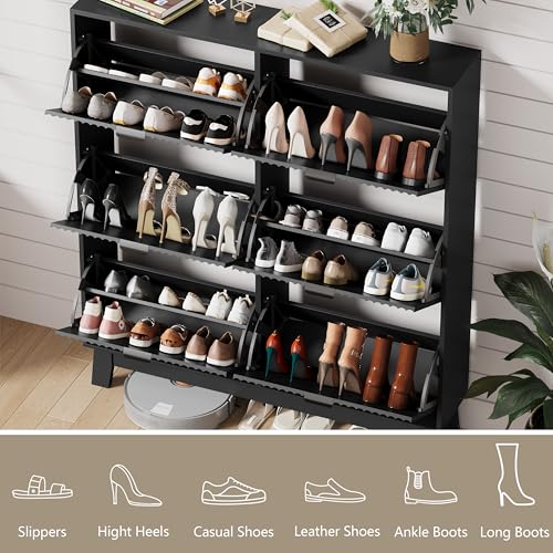 HUANLEGO Shoe Cabinet Storage for Entryway with 6 Flip Drawers, Fluted Narrow Shoe Organizer with Wooden Legs, Freestanding Slim Shoe Storage Hidden Shoe Rack Organizer for Front Door Entrance, Black - color: Black, size: 6 Drawer