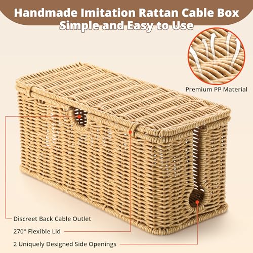 2Pack Large Cable Management Box, Handwoven Imitation Rattan Cord Organizer Wire Hider Box, Desk Cord Management to Hide Cords and Power Strips - color: Brown, size: 2 Pack (M+L)
