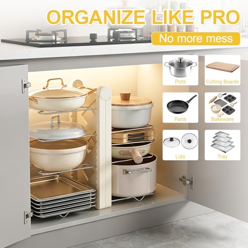 Foldable Pots and Pans Organizer Under Cabinet, 8 Adjustable Stainless Steel Dividers,28.5" L x 9.1" W x 9.9" H Expanded, Folds Flat, Heavy Duty Kitchen Cabinet Organizer with Lid Holder