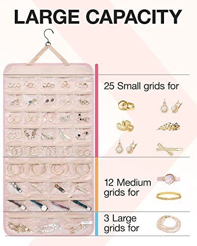 BAGSMART Hanging Jewelry Organizer Storage Roll with Hanger Metal Hooks Double-Sided Jewelry Holder for Earrings, Necklaces, Rings on Closet, Wall, Door, 1 piece, Extra Large, Pink - color: Pink, size: X-Large
