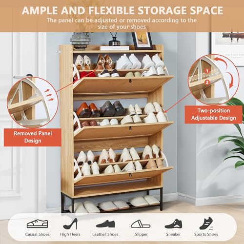 Shoe Cabinet Storage for Entryway, Narrow Shoe Cbinet with 3 Filp Drawers, Wood Freestanding Shoe Organizer Cabinet with Metal Legs, Hidden Storage Behind Door for Hallway, Living Room (Natura) - color: Linen-natural, size: 3 Drawer-Divider