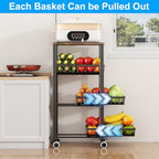 Fruit Vegetable Storage Basket for Kitchen, 4 Tier Large Pull-Out Metal Wire Baskets with 3 Pack Mats Bottom, Wood Top and Wheels, Vegetable Produce Bins Stand Cart Rack for Onions and Potatoes - color: 4 Tier-black With Three Mats and Wood Top