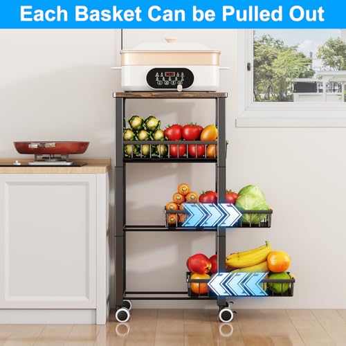 Fruit Vegetable Storage Basket for Kitchen, 4 Tier Large Pull-Out Metal Wire Baskets with 3 Pack Mats Bottom, Wood Top and Wheels, Vegetable Produce Bins Stand Cart Rack for Onions and Potatoes - color: 4 Tier-black With Three Mats and Wood Top