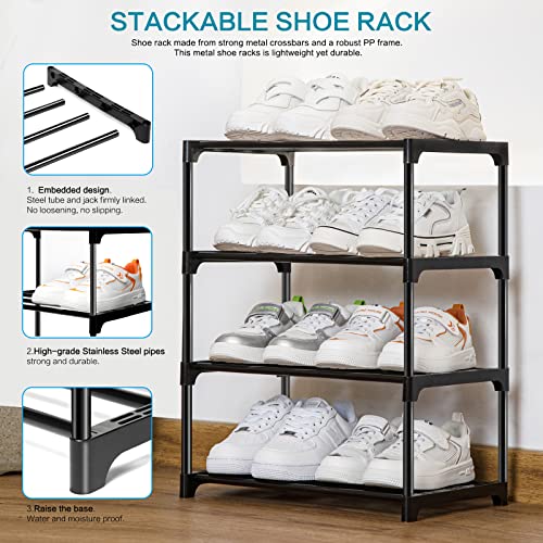 Stackable Small Shoe Rack for Closet 4 Tier, Sturdy Shoe Rack Organizer for Front Door Entrance and Entryway, Free Standing Metal Shoe Shelf Storage for Closet Bedroom Garage Black - size: 4 Tier