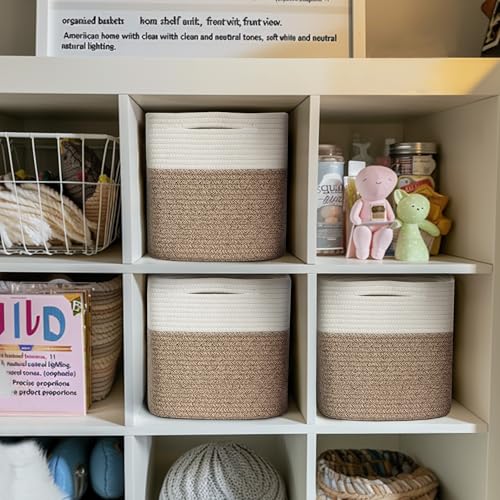 11x11 Cube Storage Bin - 3 Pack Woven Storage Cubes Organizer, 11 Inch Cotton Rope Baskets for Organizing, Square Baskets for Shelves, Baby Nursery Closet Bins, Cubby Toy Box Organizer - color: Brown