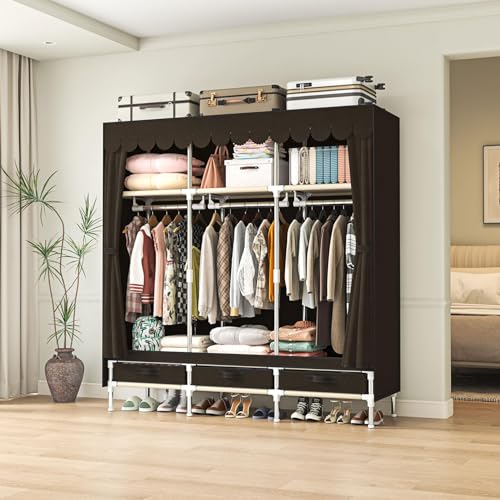 Portable Amories Closet Wardrobe with Non Woven Fabric Cover,59 Inch Large Metal Clothes Rack Storage Closet with 3 Hanging Rods,3 Drawers and 3 Storage Shelves,Brown,for Small Room - color: Brown