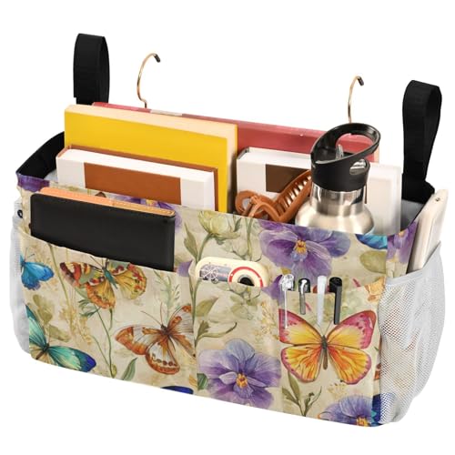 Bedside Caddy Metal Frame Hanging Organizer Bunk Bed Dorm Accessories Hook And Loop Storage Bag Large Pockets Cottagecore Beige Butterflies Flowers - color: Cottagecore Beige Butterflies Flowers