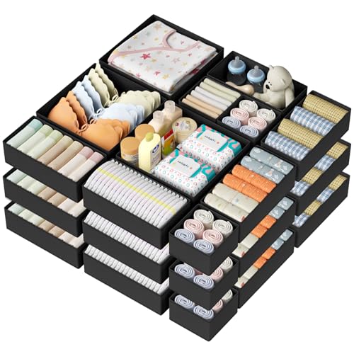 DIMJ Drawer Organizer Clothes Storage - 24 Pack Baby Dresser Organizer for Nursery, Small Fabric Closet Drawer Organizer Bins for Underwears Socks, Foldable Storage Dividers Organization for Bedroom - color: Black, size: 24 Pack