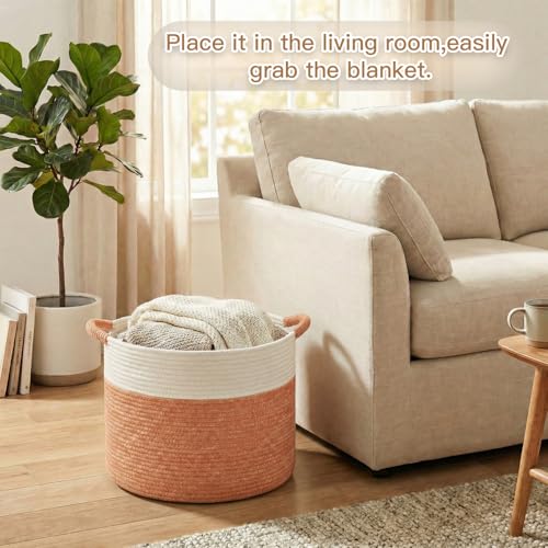 Artfeel 40L Large Cotton Rope Basket, Decorative Woven Blanket Storage for Living Room, Boho Toy Storage & Toy Box for Kids, Versatile Laundry Basket & Nursery Hamper for Blankets(Orange) - color: Orange, size: 40L