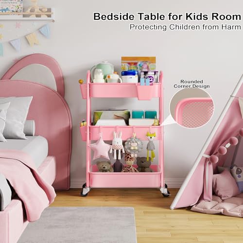 3 Tier Rolling Storage Cart Metal with Wheels, Pink Three Tiered Craft Cart Organizer on Wheels, Utility Carts for Baby Nursery, Diaper Caddy, Art, Book, Snack, Nail, Makeup, Bathroom Supplies, Mesh - color: Soft Pink, size: 3 Tier+Cups+Hooks