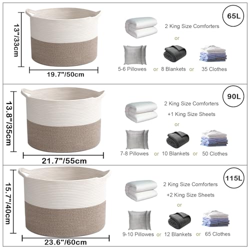 Large Woven Blanket Basket,65L Cotton Rope Laundry Basket Hamper with Handles, Decorative Nursery Basket Storage Bin for Toys, Clothes Organizer, Living Room, Bedroom, Bathroom, White & Brown - color: White&Brown, size: 19.7"L x 19.7"W x 13"H(65L)