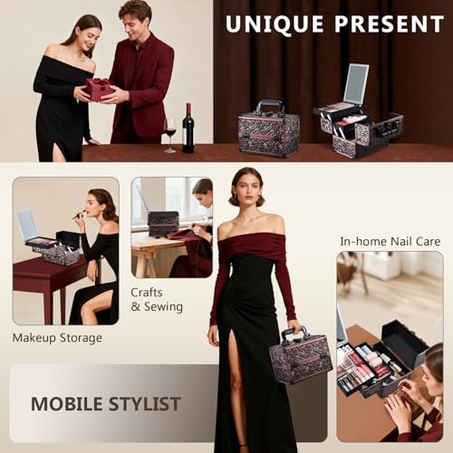 Joligrace Makeup Train Case Cosmetic Box Portable Makeup Case Organizer 2 Trays Makeup Storage with Mirror Locking for Cosmetologist Aesthetic Supplies Nail Tech Traveling Makeup Box Dark Brown - color: Dark Brown