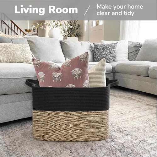 Goodpick Woven Baskets for Organizing, 18" x 14" x 12" Wicker Laundry Basket with Handles, Decorative Toy Baskets Storage Kids, Blanket Basket for Living Room, Bedroom - color: Black, size: 18"L x 14"W x 12"H
