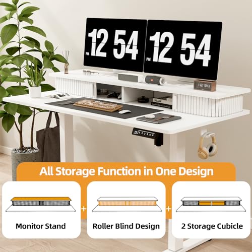 JOY worker Height Adjustable Electric Standing Desk with Storage Shelves, 48 Inch Table with Built-in Monitor Stand, Sit Stand Desk with 2 Hooks for Home Office, White - color: White, size: 48inch