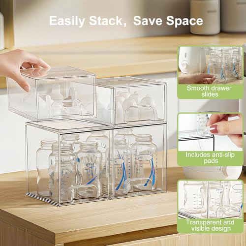 Baby Bottle Storage Organizer: Clear Stackable Storage Drawers, Acrylic Bottles Station Organizer Container for Countertop, Vanity, Bathroom, Cabinet Organization - 4 Pack - size: 2 Small+2 High