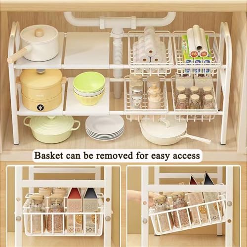Under Sink Organizers, 2 Tier Stretchable Cabinet Shelf Organizer with 4 Removable Panels and 4 Under Shelf Basket for Under Bathroom Storage,Under Cabinet Shelves,kitchen Sink Storage Rack (white) - color: White
