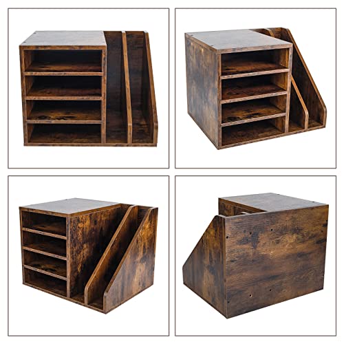 PAG Wood Desktop File Holder Organizer Mail Sorter for File Folders, Mails, Envelopes, Mailing Supplies or Magazines, Brown - color: Brown