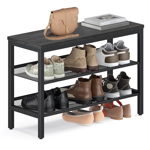 VASAGLE 3 Tier Shoe Rack Bench, One Piece Shelves, Shoe Storage Organizer with Raised Edges, Industrial Style, Easy Assembly, 11 x 29.5 x 19.7 Inches, Charcoal Gray and Matte Black ULSB070BA01S - color: Charcoal Gray + Matte Black, size: 29.5"W