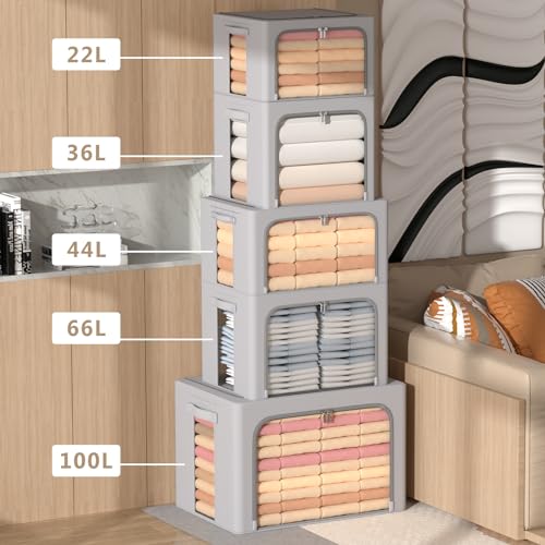 CYhom 3Pack Frame Storage Box - Clothes Storage Bin Bags Oxford Fabric Foldable Stackable Container Organizer Set with Clear Window & Carry Handles (Grey, Extra Large-100L) - color: Grey, size: Extra Large-100L