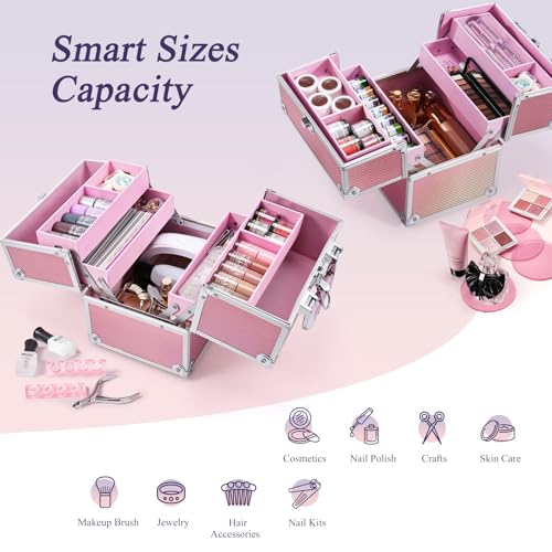 Frenessa Makeup Case Makeup Box Cosmetic Organizer Case Portable Make Up Artist Travel Case Storage Box 4 Trays with Dividers Lockable Hard Train Case Nail Tech Supply Storage Mermaid Pink - color: Pink