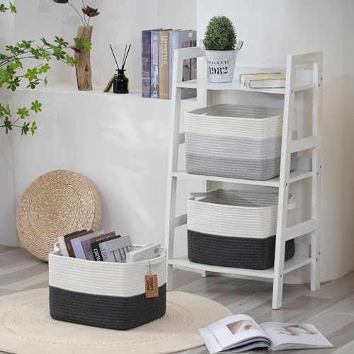COMFY-HOMI Cotton Rope Woven Basket with Handles for Shelves,Toys,Book, Cloth Storage Baskets Bin for Organizing-13.5"x11"x9.5" Toy Decorative Organizer for Living Room, Bathroom-White/Dark Grey - color: dark grey, size: 13.5"X11"X9.5"