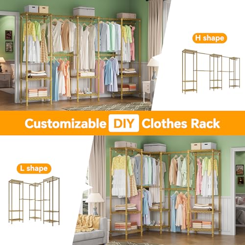 Higeego Large Clothes Rack, Clothing Rack for Hanging Clothes, Heavy Duty Garment Rack, Freestanding Wardrobe Closet with Extendable Hanger Rods, Width from 7.8 to 10.8 ft, H11 Gold - color: Gold, style: 5 Row