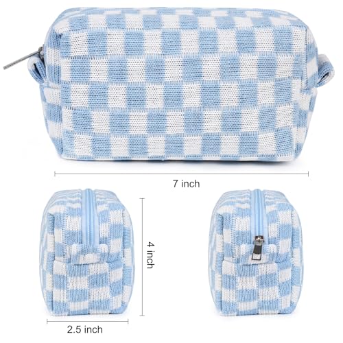 SOIDRAM 2 Pack Checkered Makeup Bag for Women, Cute Makeup Pouch Small Makeup Bag Travel Cosmetic Organizer for Toiletries, Brushes & Skincare - color: Light Blue, size: 2 Pack