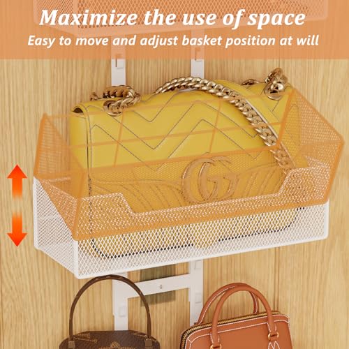 Dmevkic Purse Organizer Over the Door,Adjustable Metal Purse Holder Handbag with 5 Hooks, Purse Organizer for Closet, Bathroom Door Organizer,White - color: White