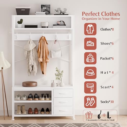 Lulive Hall Tree with Bench and Shoe Storage, 31.5" Coat Rack Freestanding with 2-Tier Storage Shelf, 5-in-1 Entryway Bench Coat Rack with 12 Hooks and 3 Drawers(White) - color: White