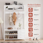 Lulive Hall Tree with Bench and Shoe Storage, 31.5" Coat Rack Freestanding with 2-Tier Storage Shelf, 5-in-1 Entryway Bench Coat Rack with 12 Hooks and 3 Drawers(White) - color: White